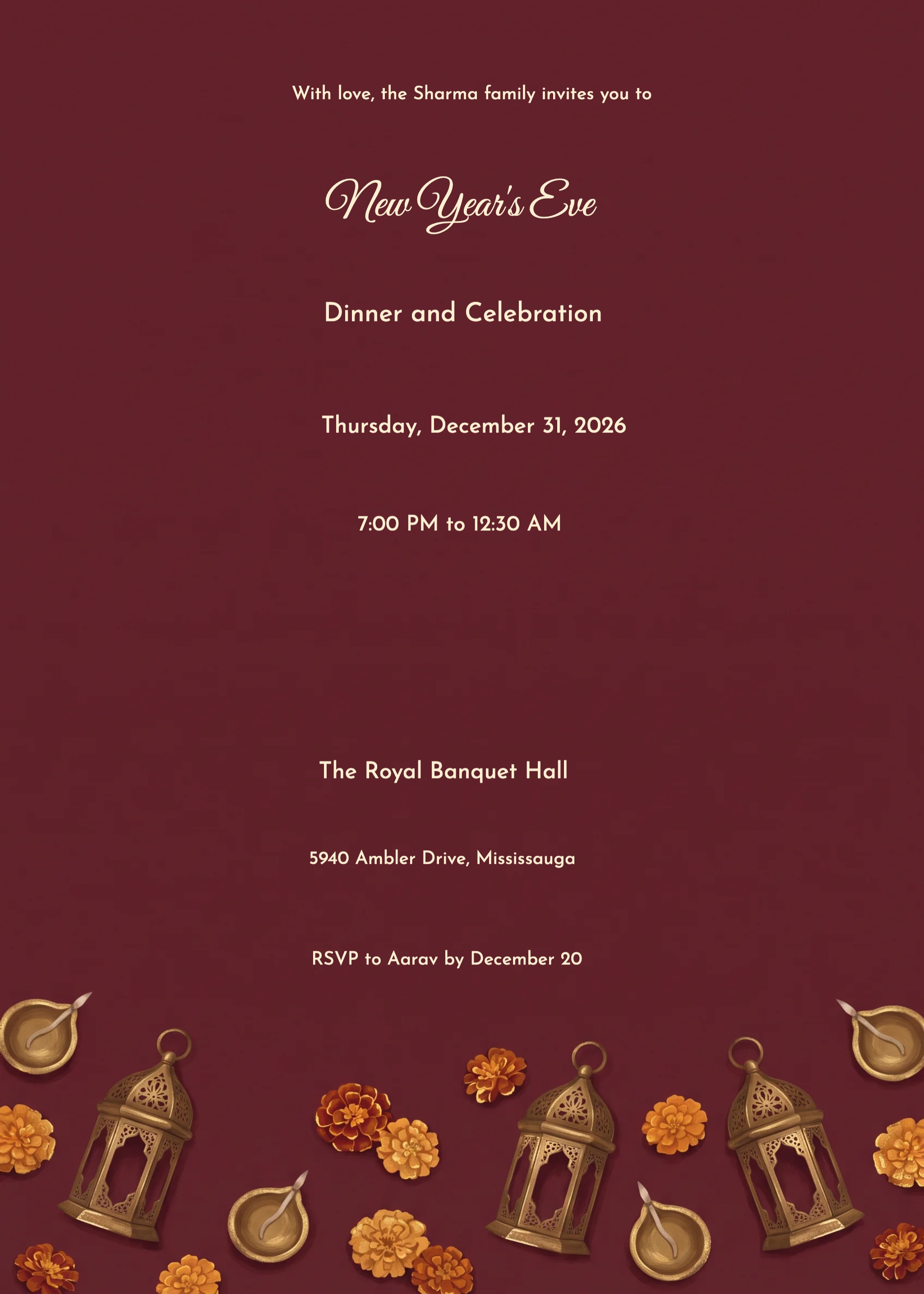 Maroon And Gold Family Evening New Year's Eve Invitation 