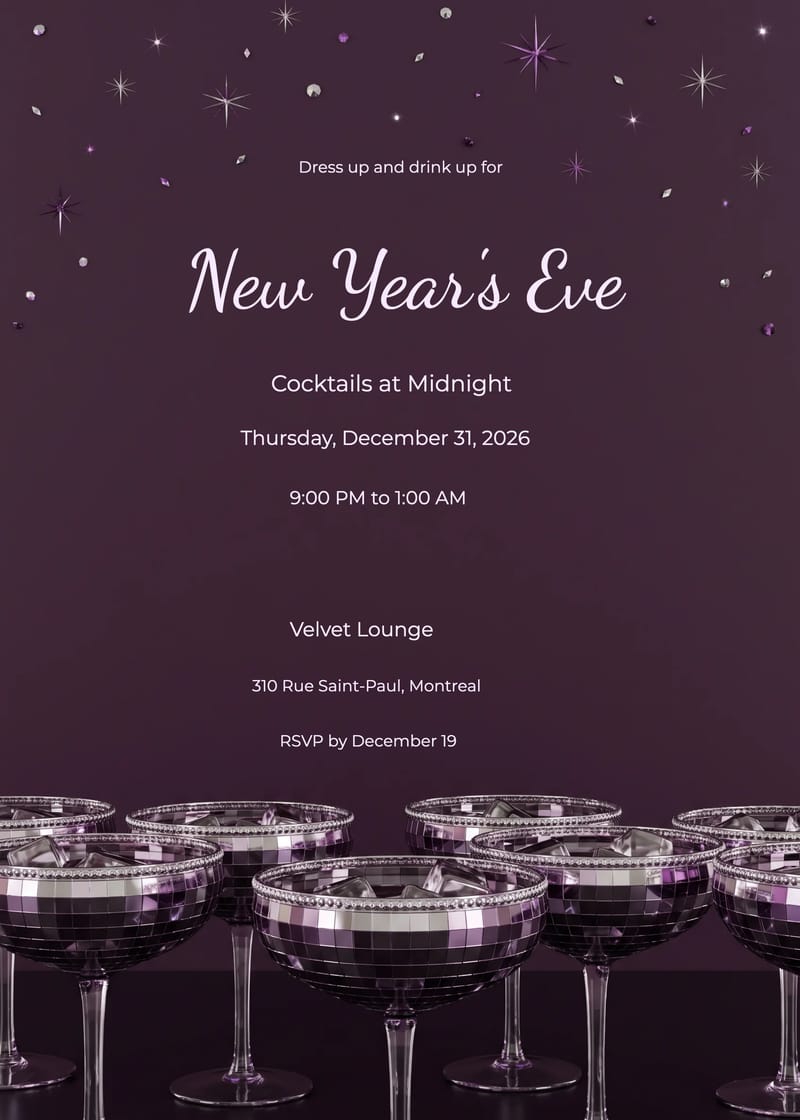 Purple Mirror Cocktail Hour New Year's Eve Invitation invitation
