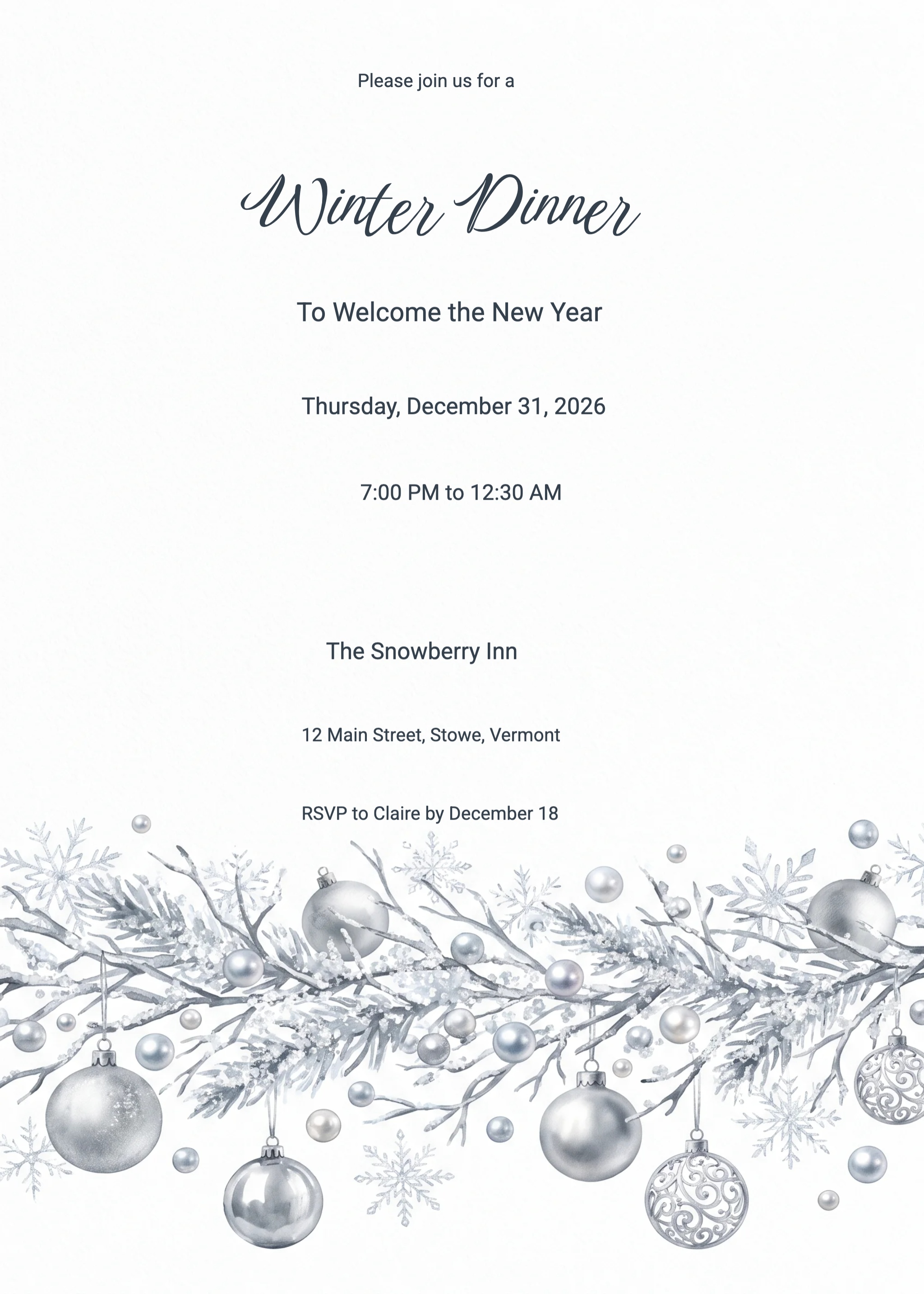 Silver Winter Dinner Celebration New Year's Eve Invitation