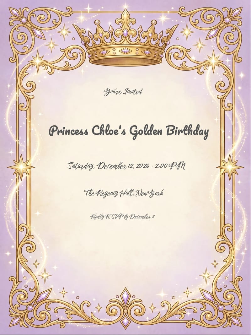 Lavender Gold Crown Princess Birthday Invitation invitation