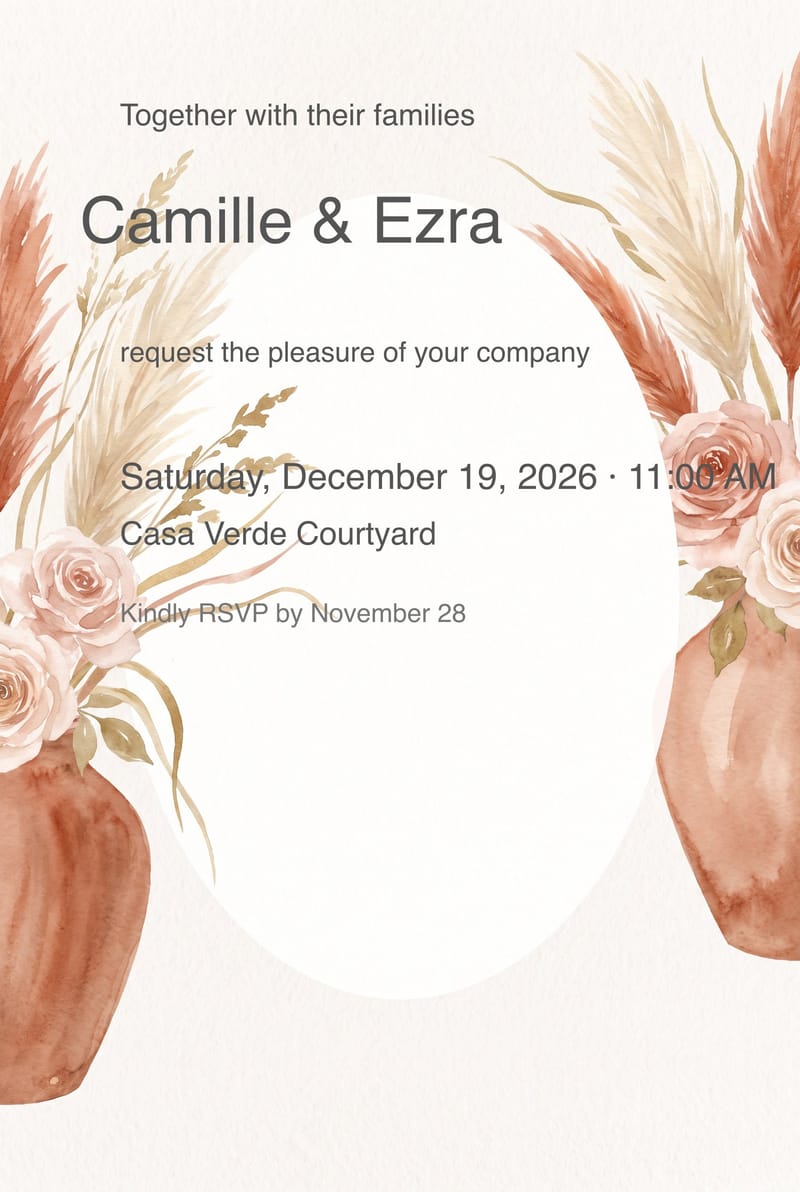 Terracotta Pottery Pampas Rustic Wedding Invitation invitation