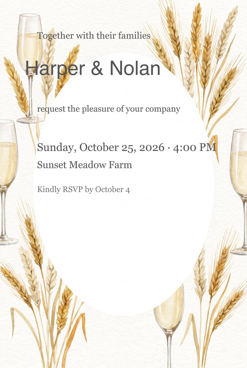 Champagne & Wheat Rustic Wedding Invitation invitation