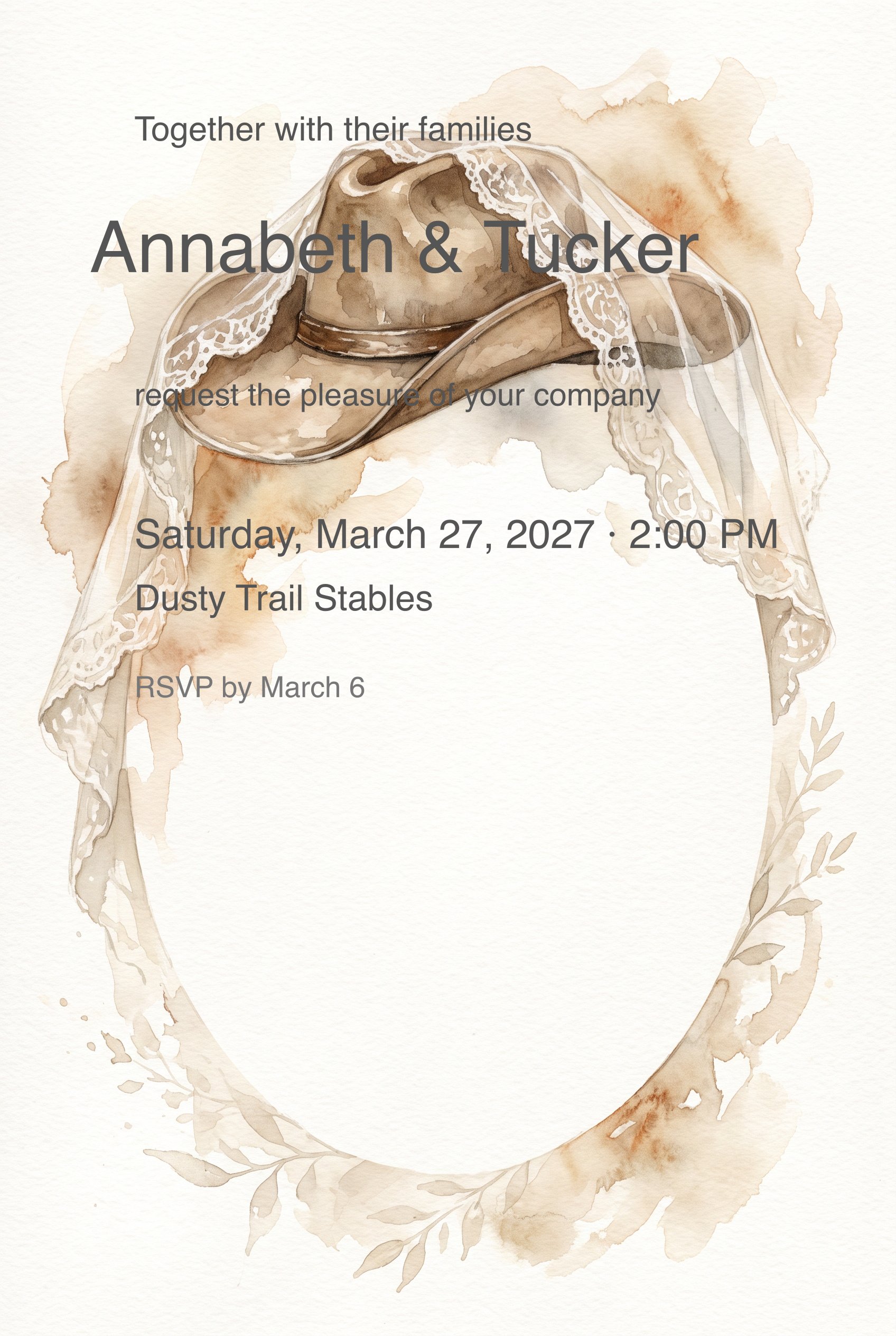 Wedding invitation showing a watercolor cowboy hat with lace veil and sepia wreath border.