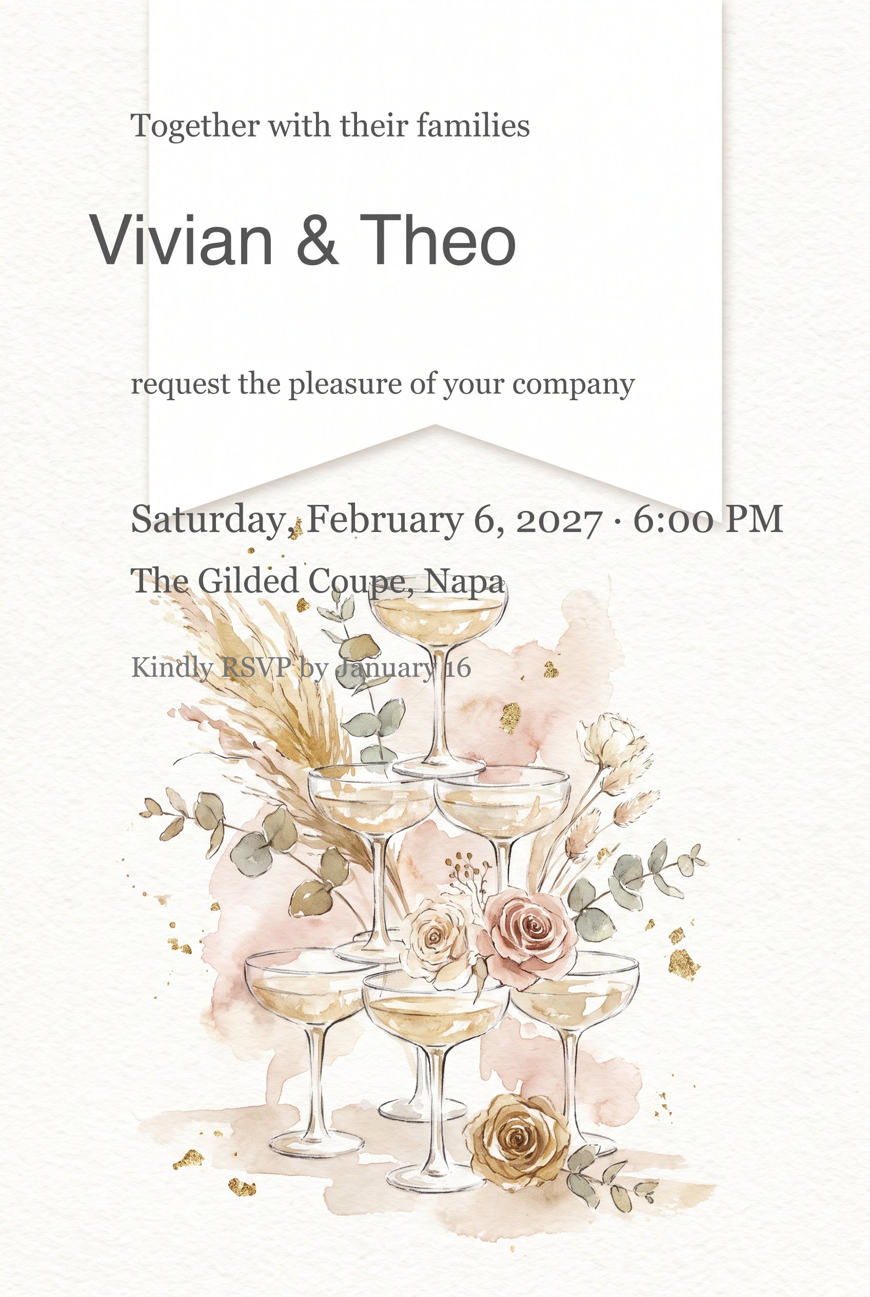 Wedding invitation with watercolor champagne coupe tower, pink roses, and pampas grass.