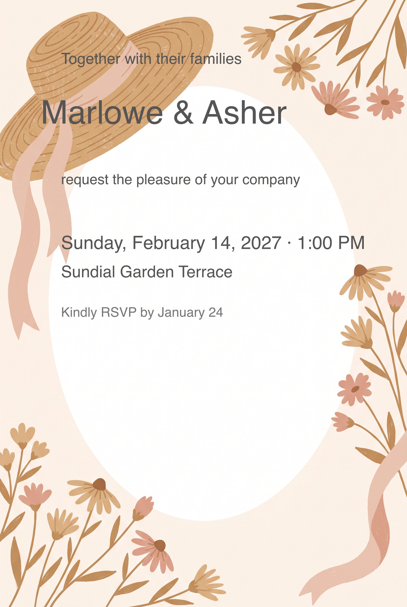 Rustic wedding invitation with straw hat, wildflowers, and botanical border on cream background.