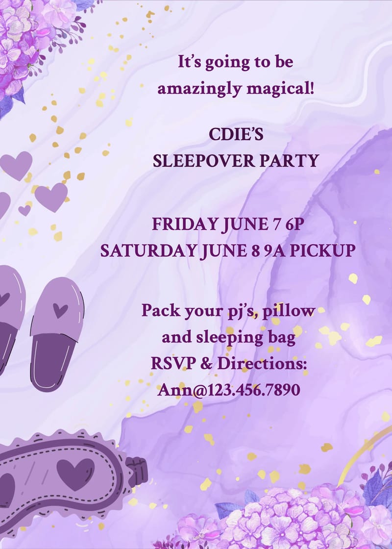 Elegant digital sleepover birthday invitations card â purplish sleepover birthday invitation Template template