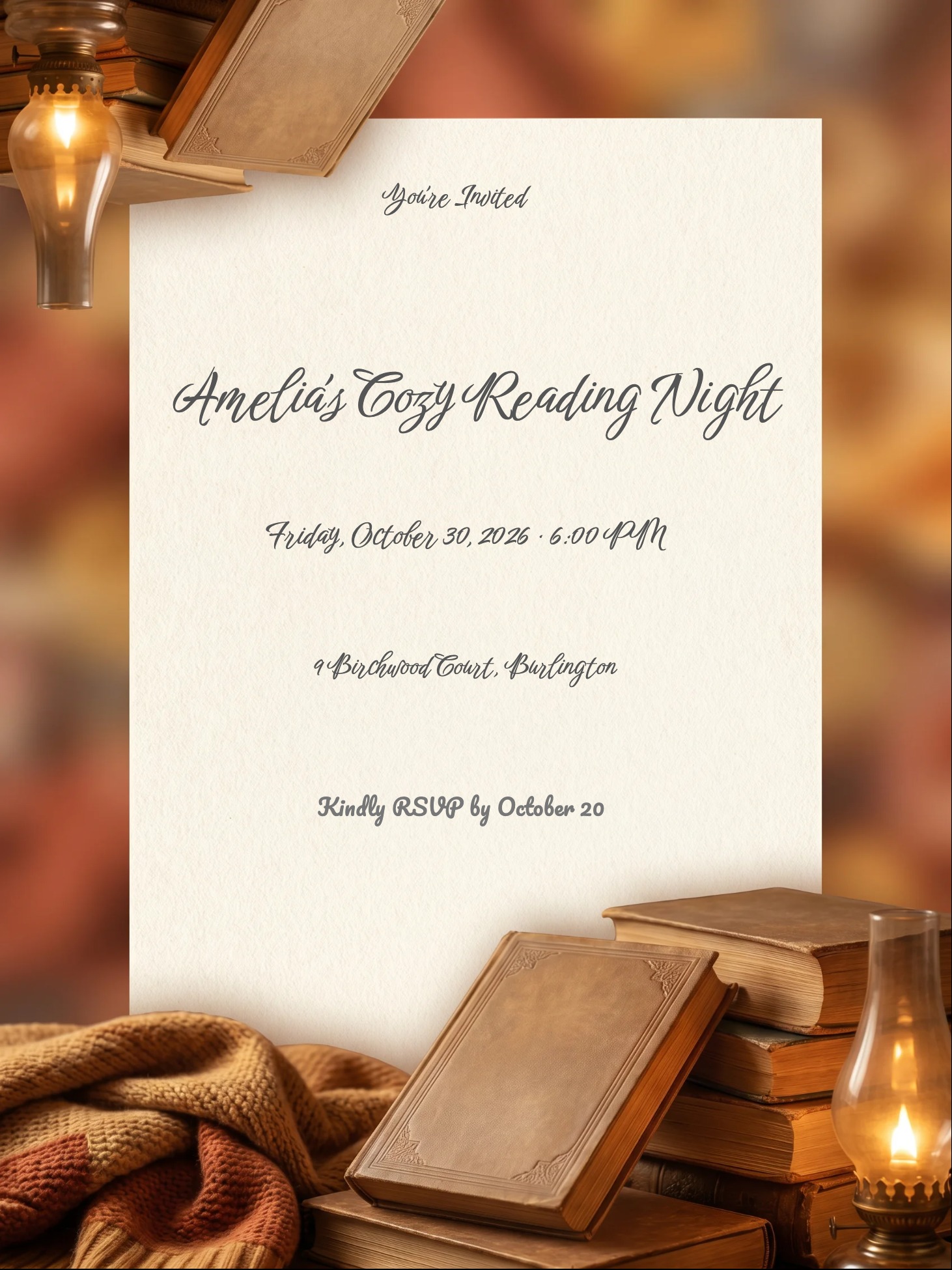 Cozy Reading Nook Sleepover Birthday Invitation invitation