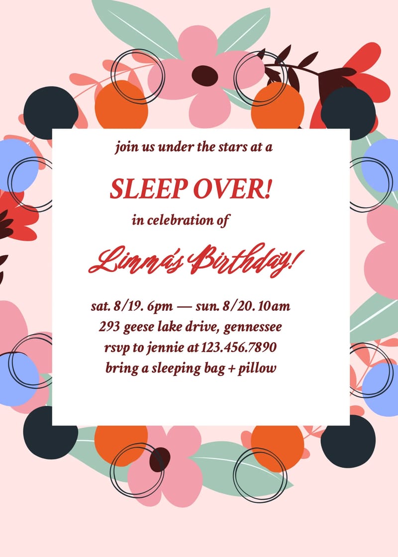 floral sleepover birthday invitation Template sleepover birthday invitations template with stylish layout