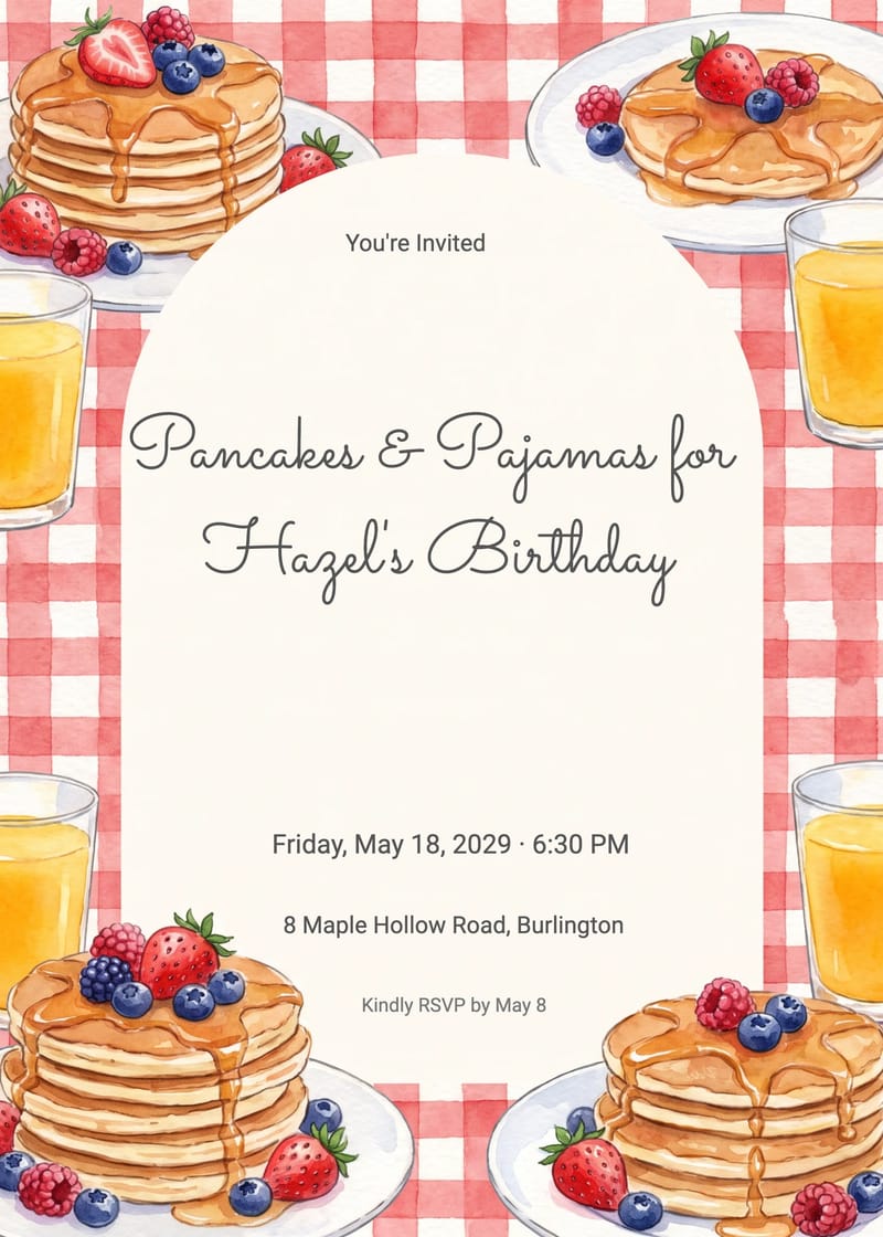 Pancake Breakfast Sleepover Birthday Invitation invitation
