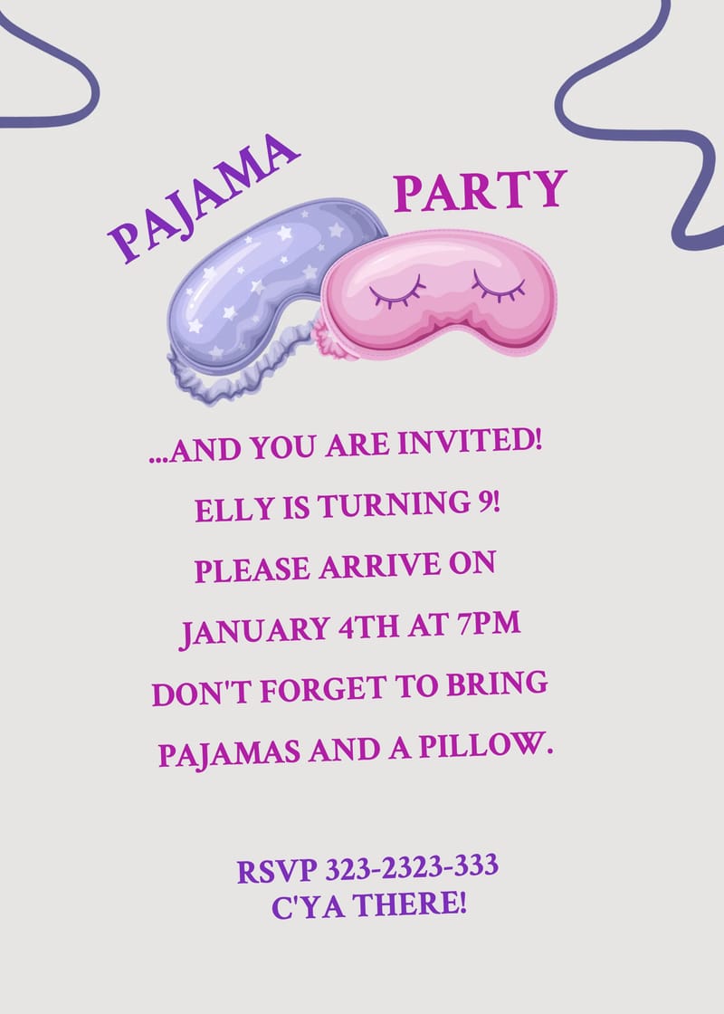 Clean sleepover birthday invitation template with pastel colors and organized layout design