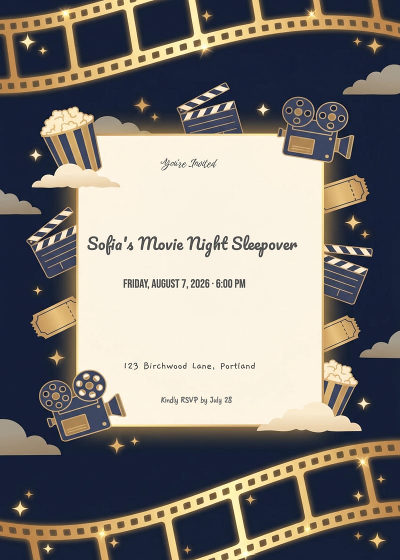 Navy Gold Film Reel Movie Night Invitation invitation