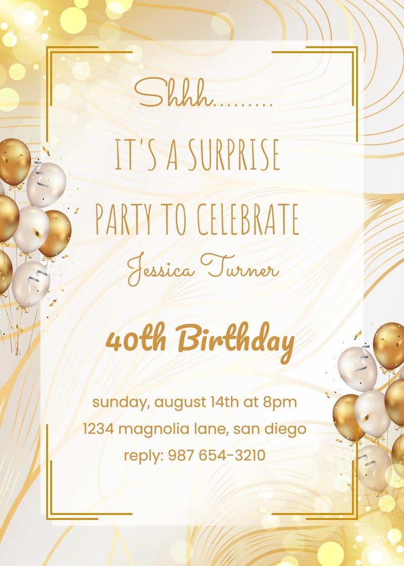 Golden surprise birthday invitation card template with elegant metallic accents and sophisticated design