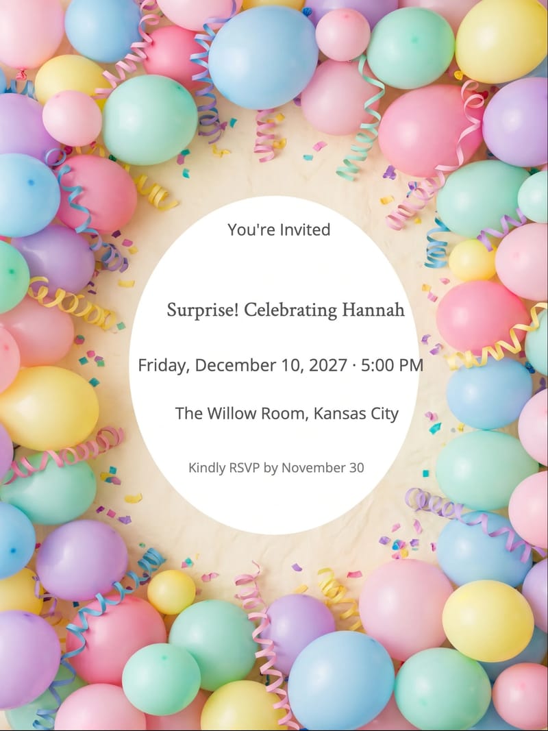 Pastel Balloon Surprise Birthday Invitation invitation