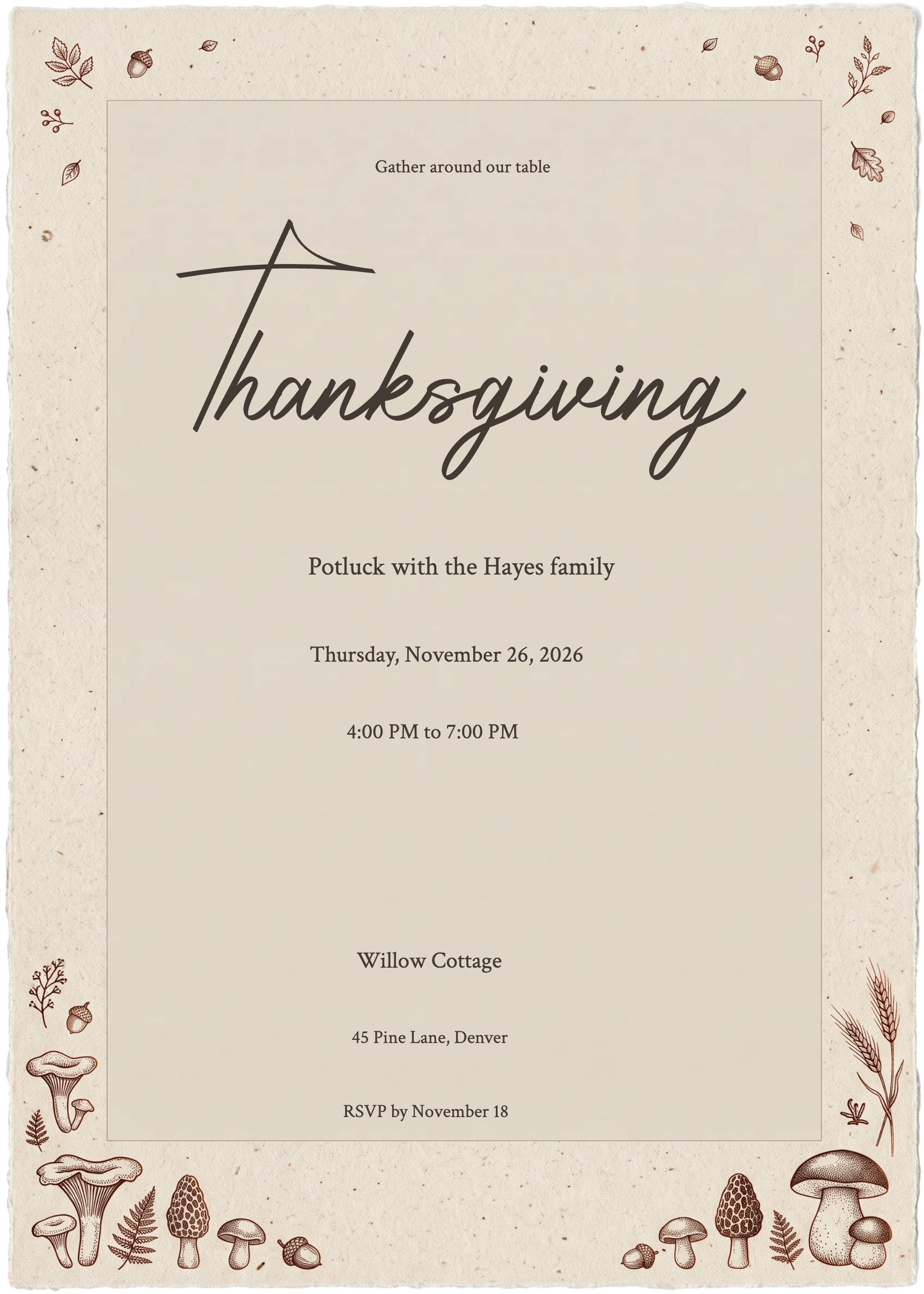 Woodland Mushroom Thanksgiving Potluck Invitation invitation