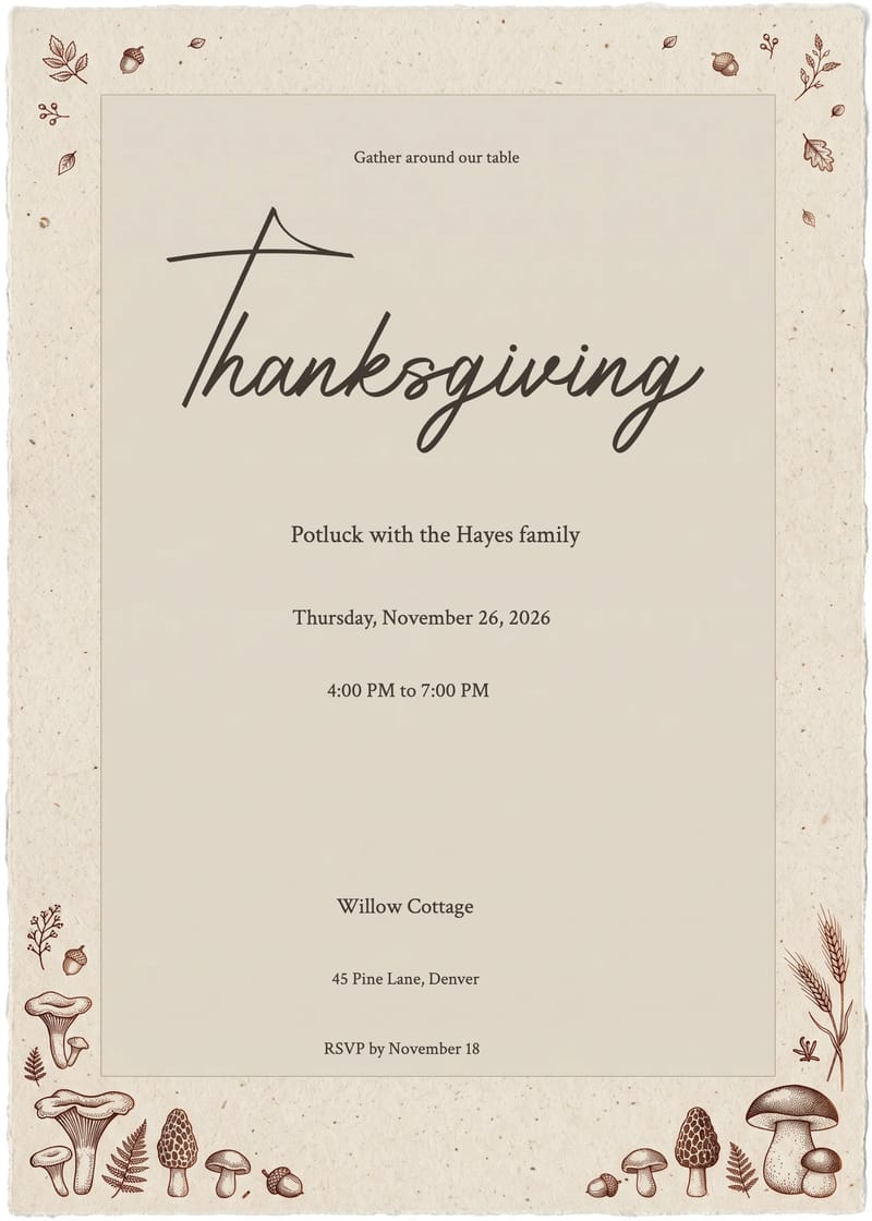 Woodland Mushroom Thanksgiving Potluck Invitation invitation