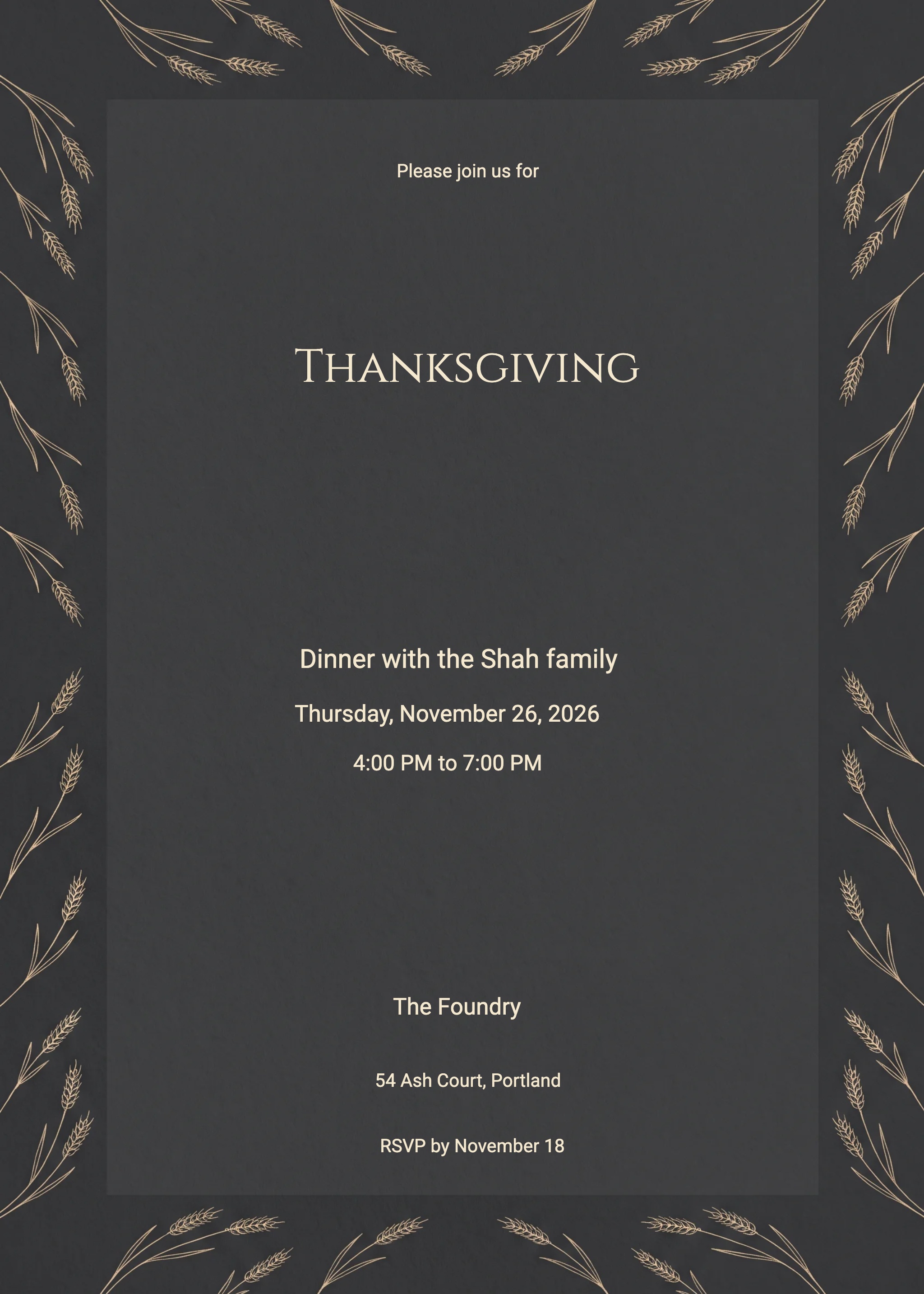 Wheat Engraving Thanksgiving Dinner Invitation invitation