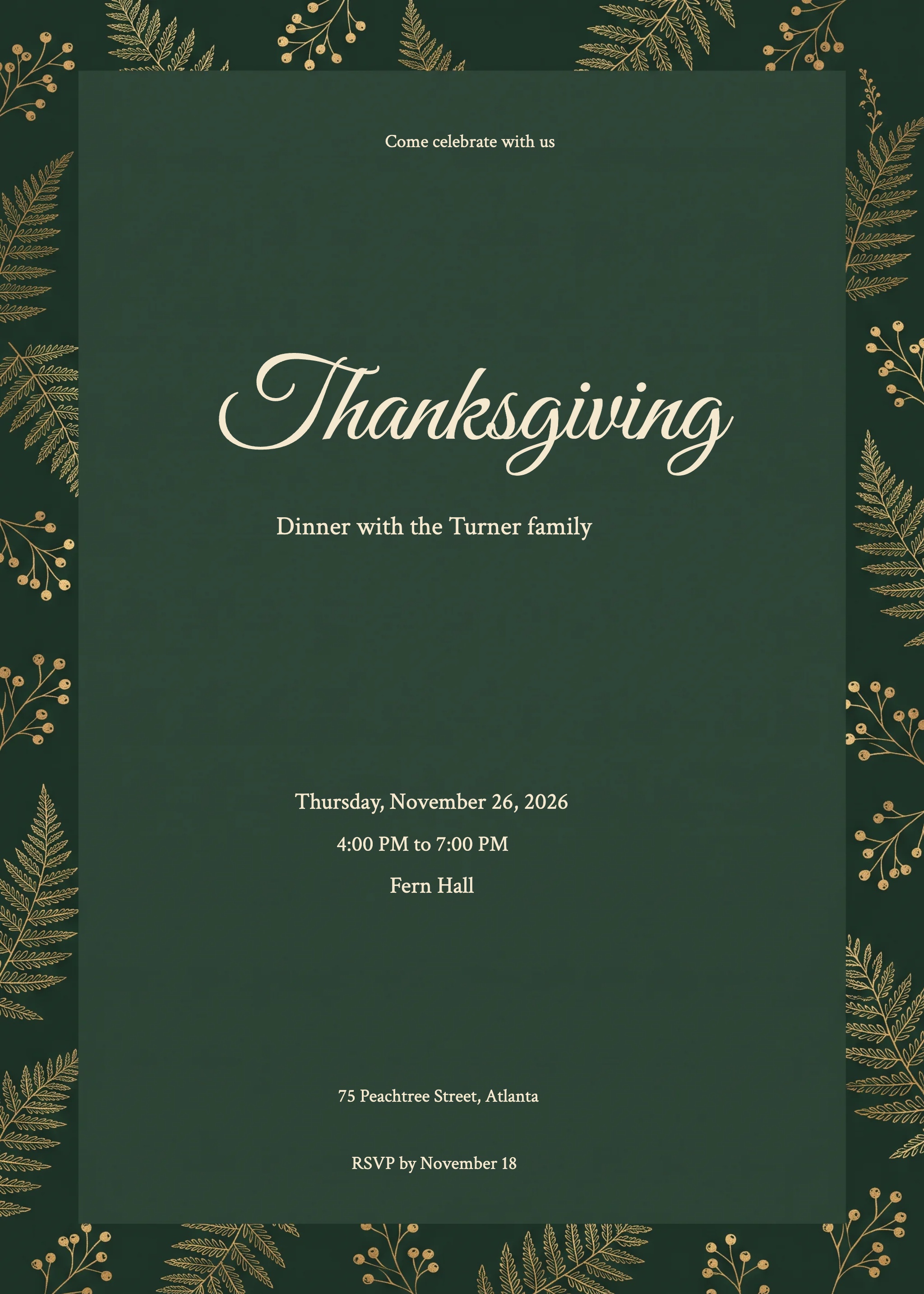 Forest Botanical Thanksgiving Party Invitation invitation