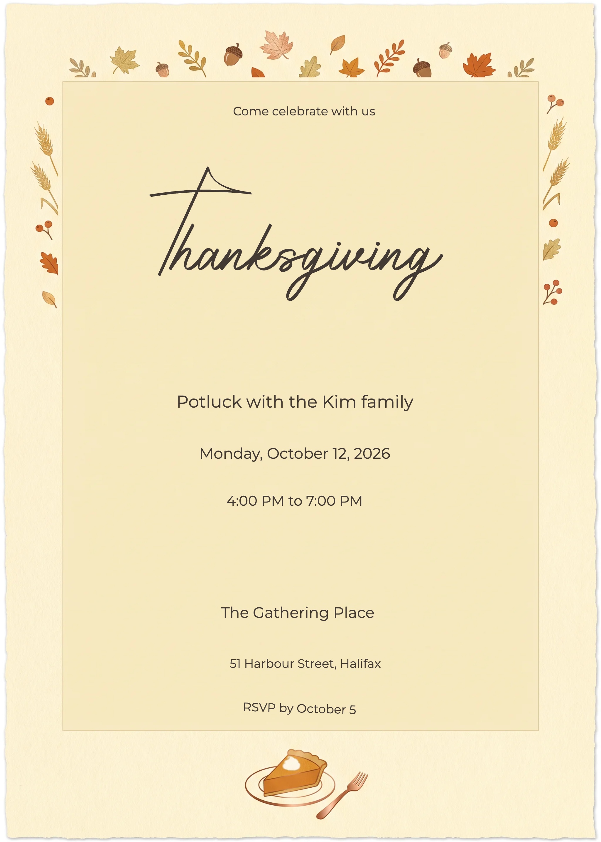 Pumpkin Pie Thanksgiving Potluck Invitation invitation