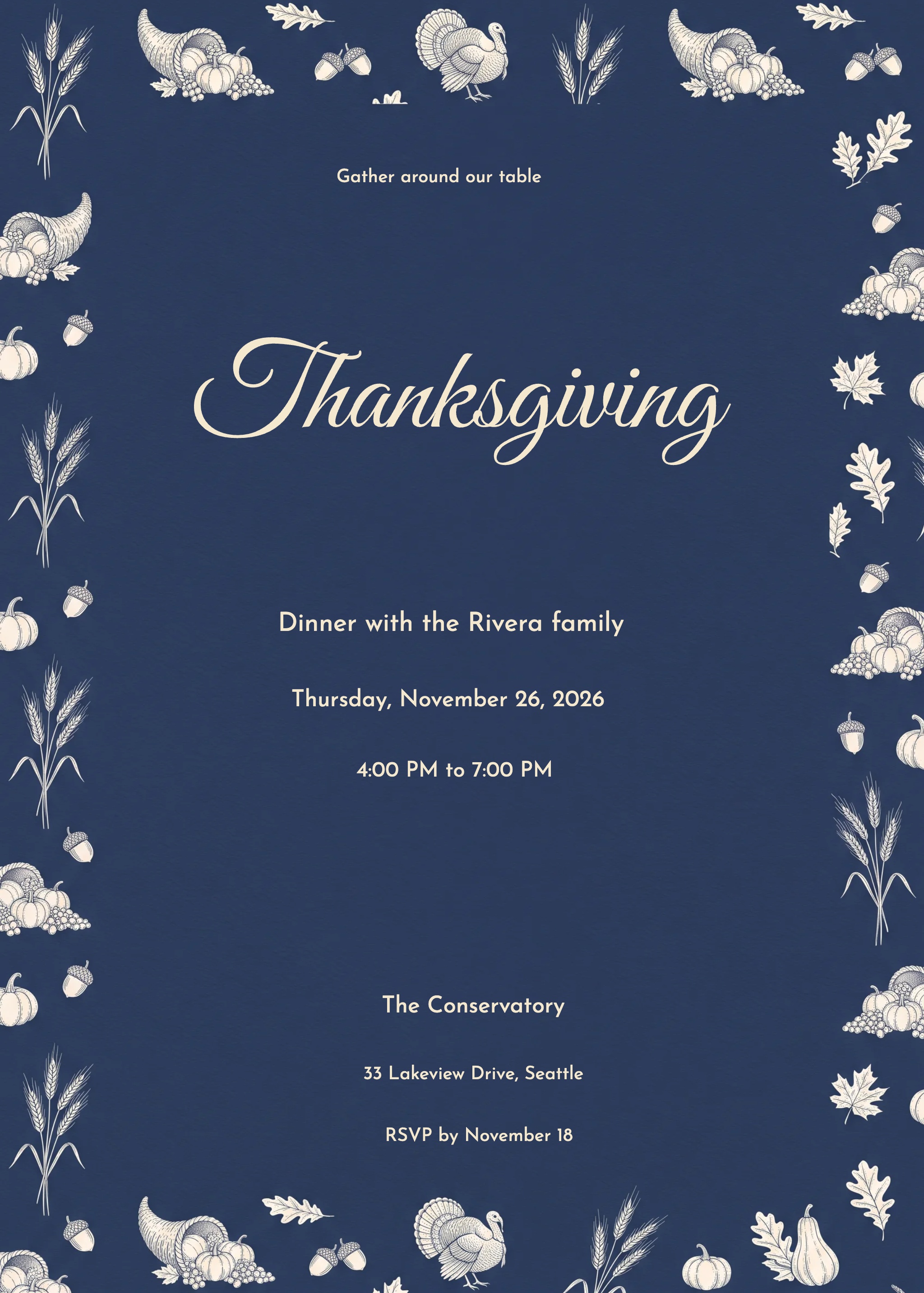 Indigo Harvest Toile Thanksgiving Invitation invitation