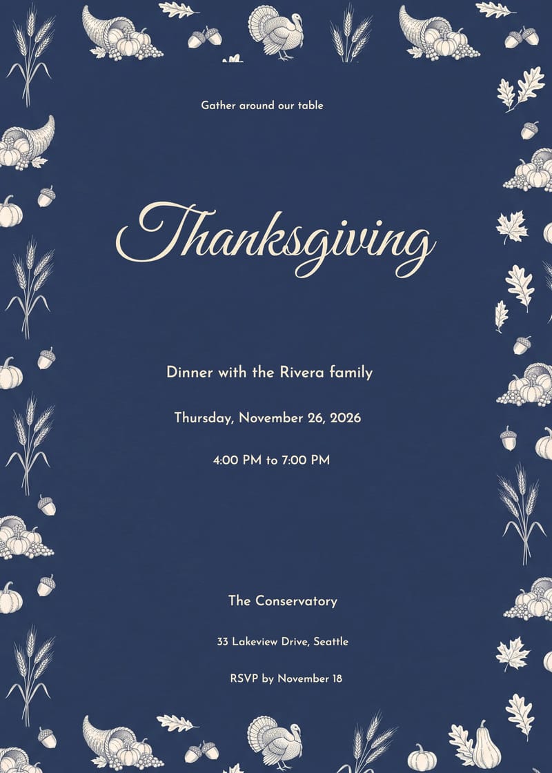 Indigo Harvest Toile Thanksgiving Invitation invitation