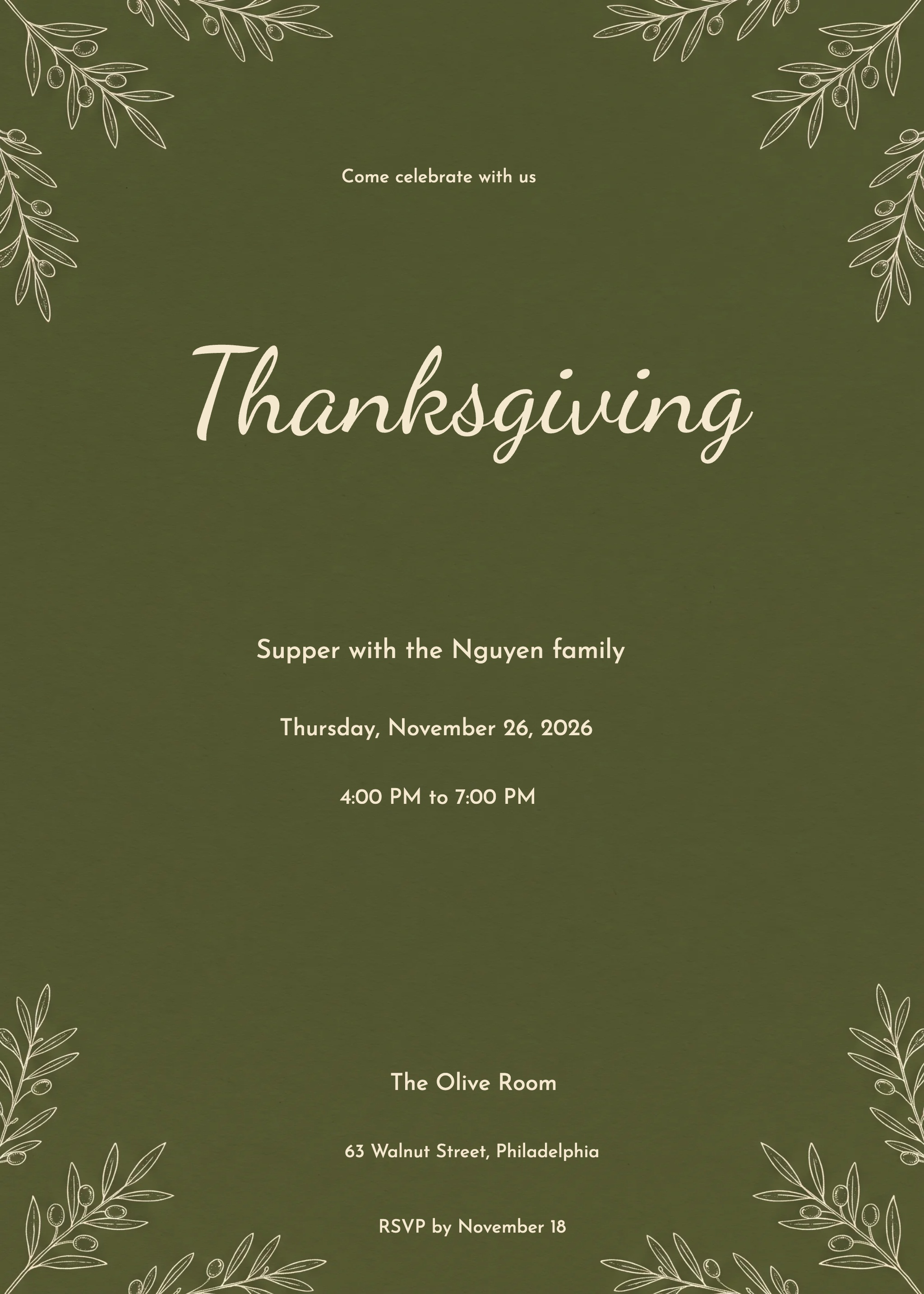 Olive Branch Thanksgiving Supper Invitation invitation