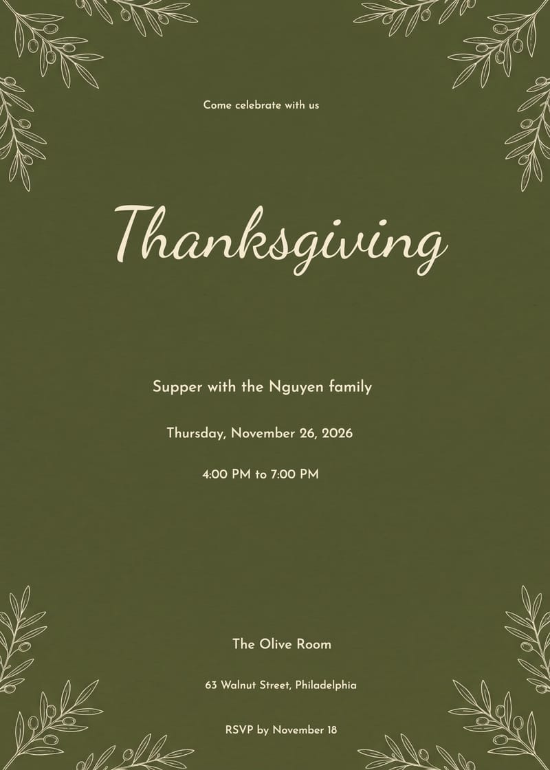 Olive Branch Thanksgiving Supper Invitation invitation