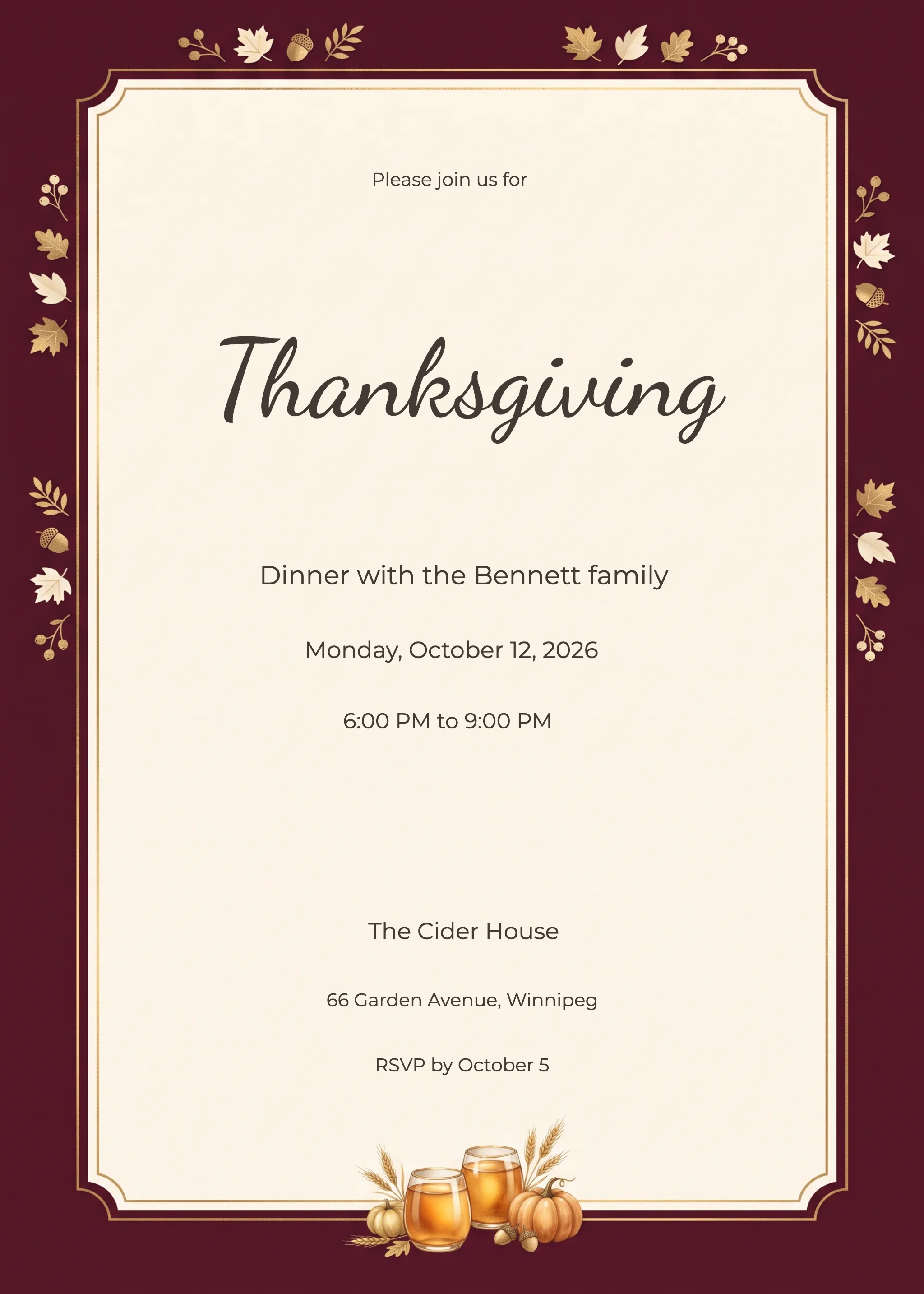 Spiced Cider Thanksgiving Evening Invitation invitation