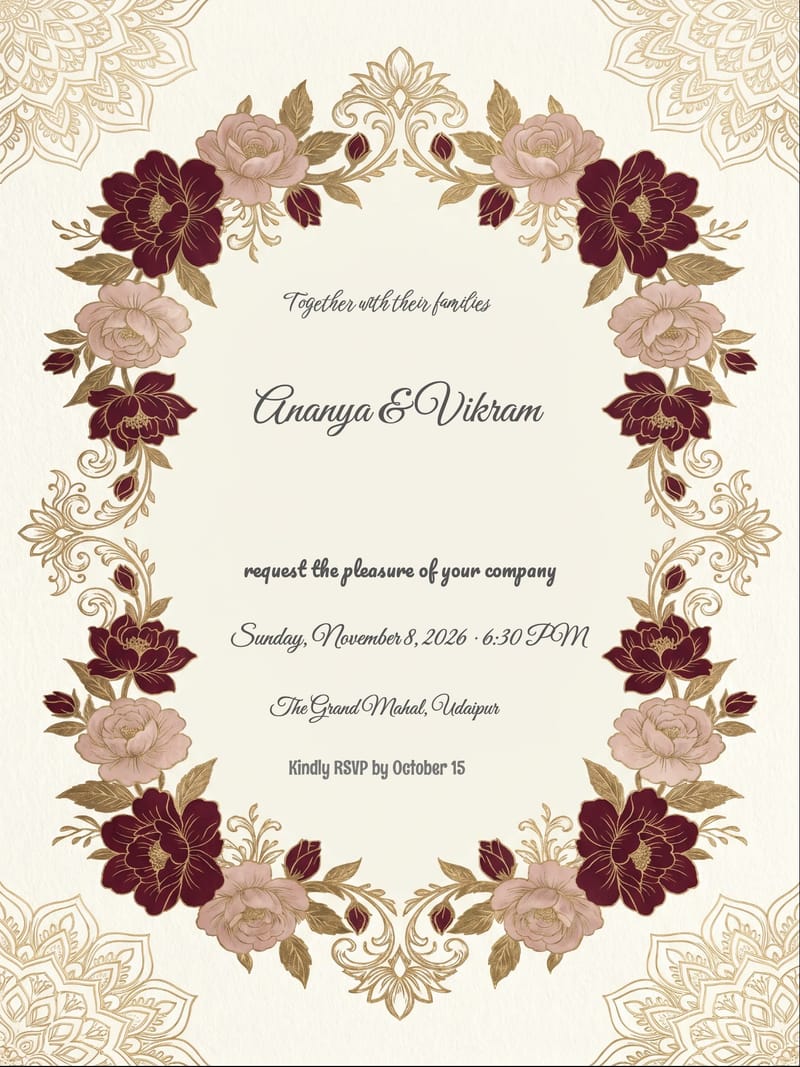 Royal Gold Floral Themed Wedding Invitation invitation