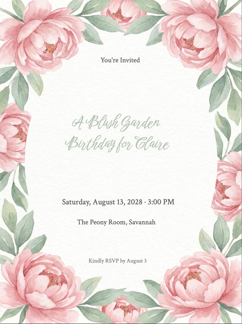 Blush Peony Women's Birthday Invitation invitation