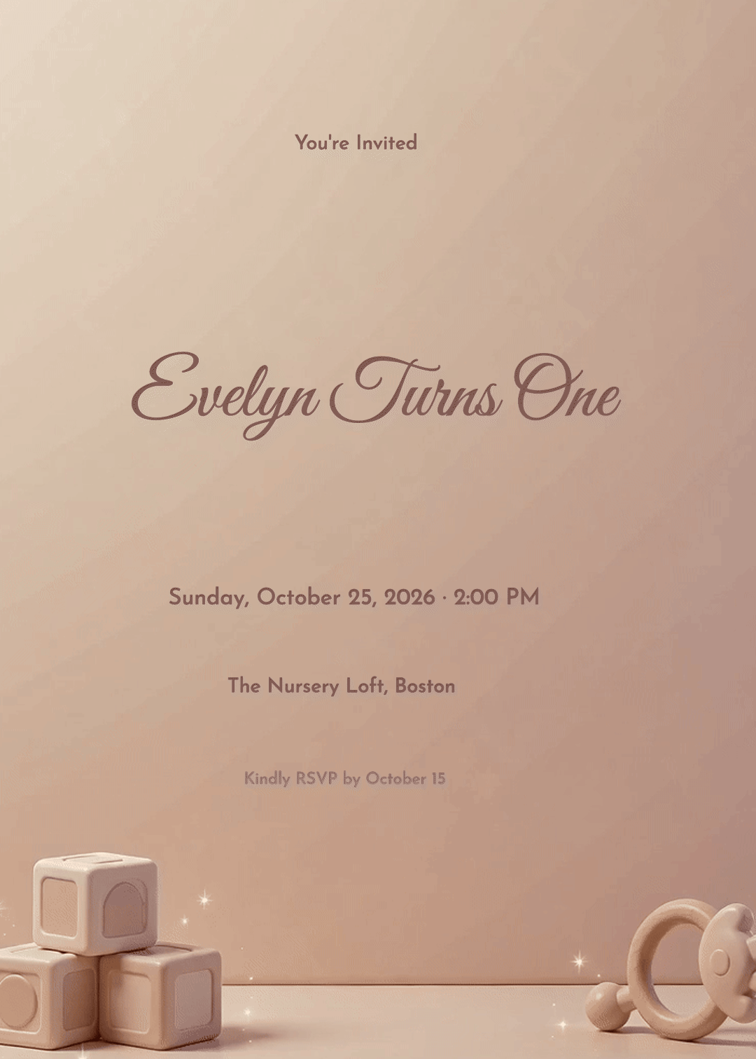 Animated first birthday invitation with soft baby blocks around a pastel gradient sky background.