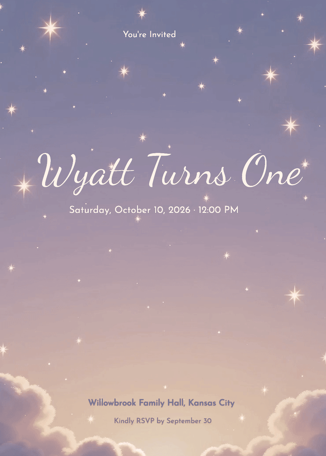 Animated first birthday invitation with dreamy clouds and twinkling stars on a soft blue gradient sky background.