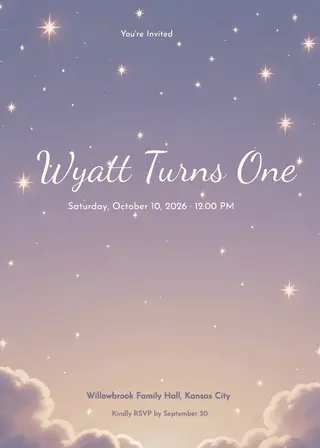 Animated first birthday invitation with dreamy clouds and twinkling stars on a soft blue gradient sky background.