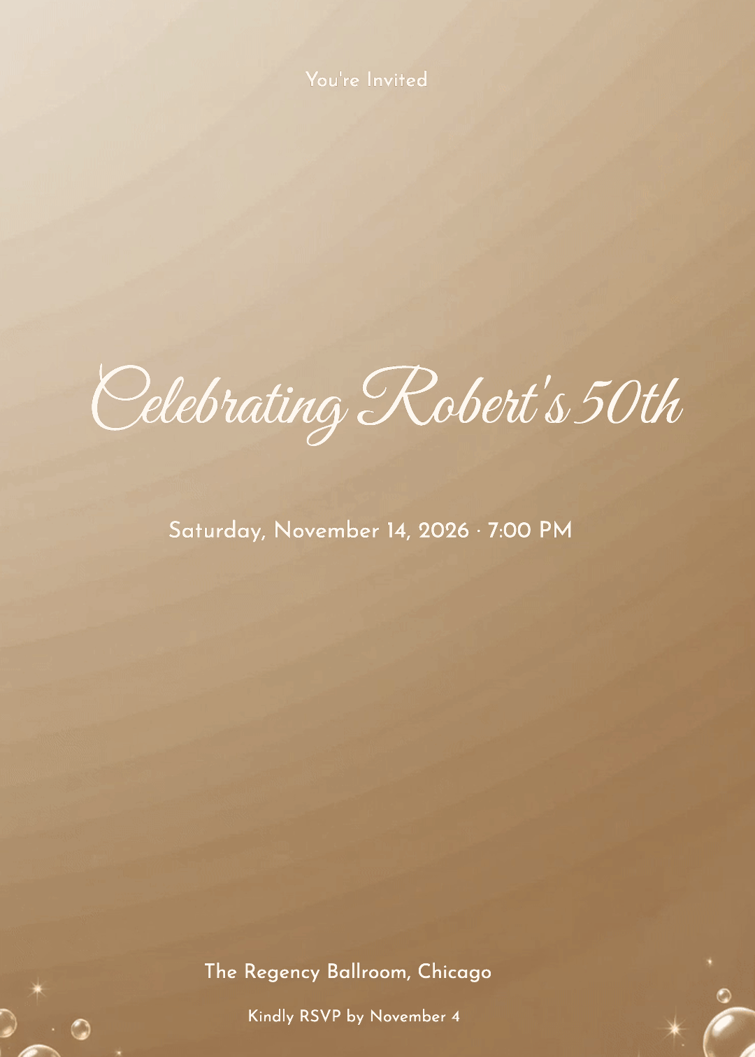 Animated adult birthday invitation with golden champagne bubbles around a soft gradient sky background.