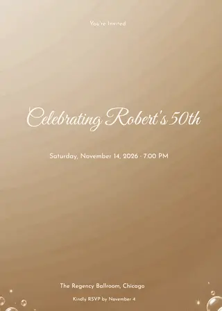 Animated adult birthday invitation with golden champagne bubbles around a soft gradient sky background.
