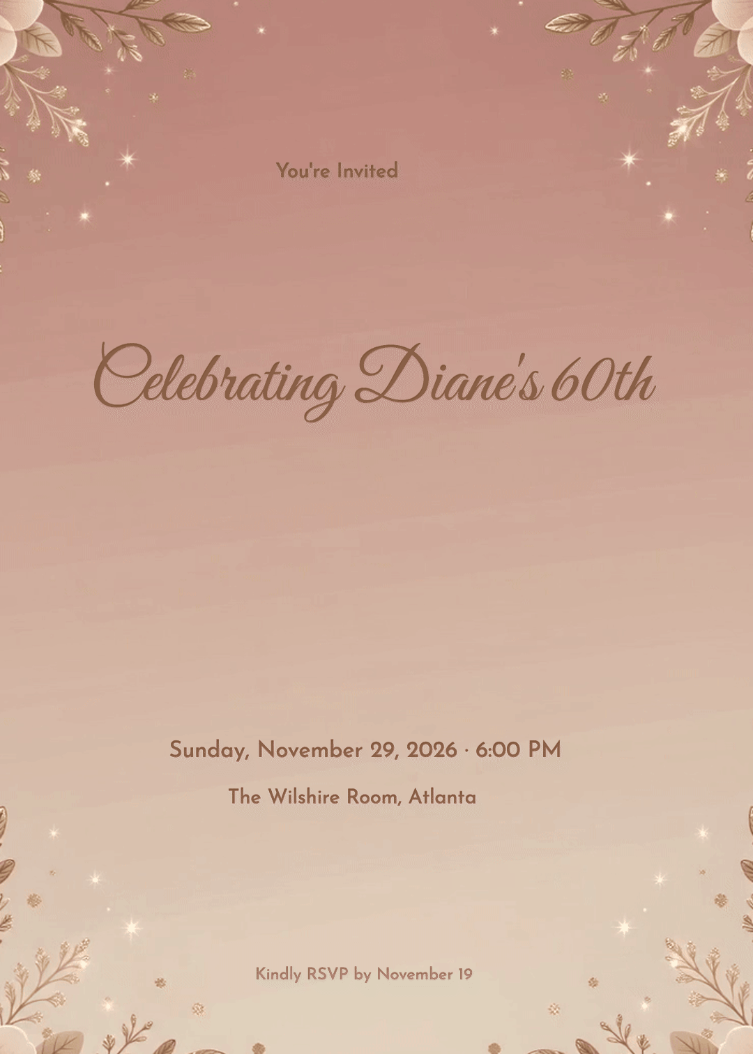 Animated adult birthday invitation with gold floral confetti around a soft gradient sky background.