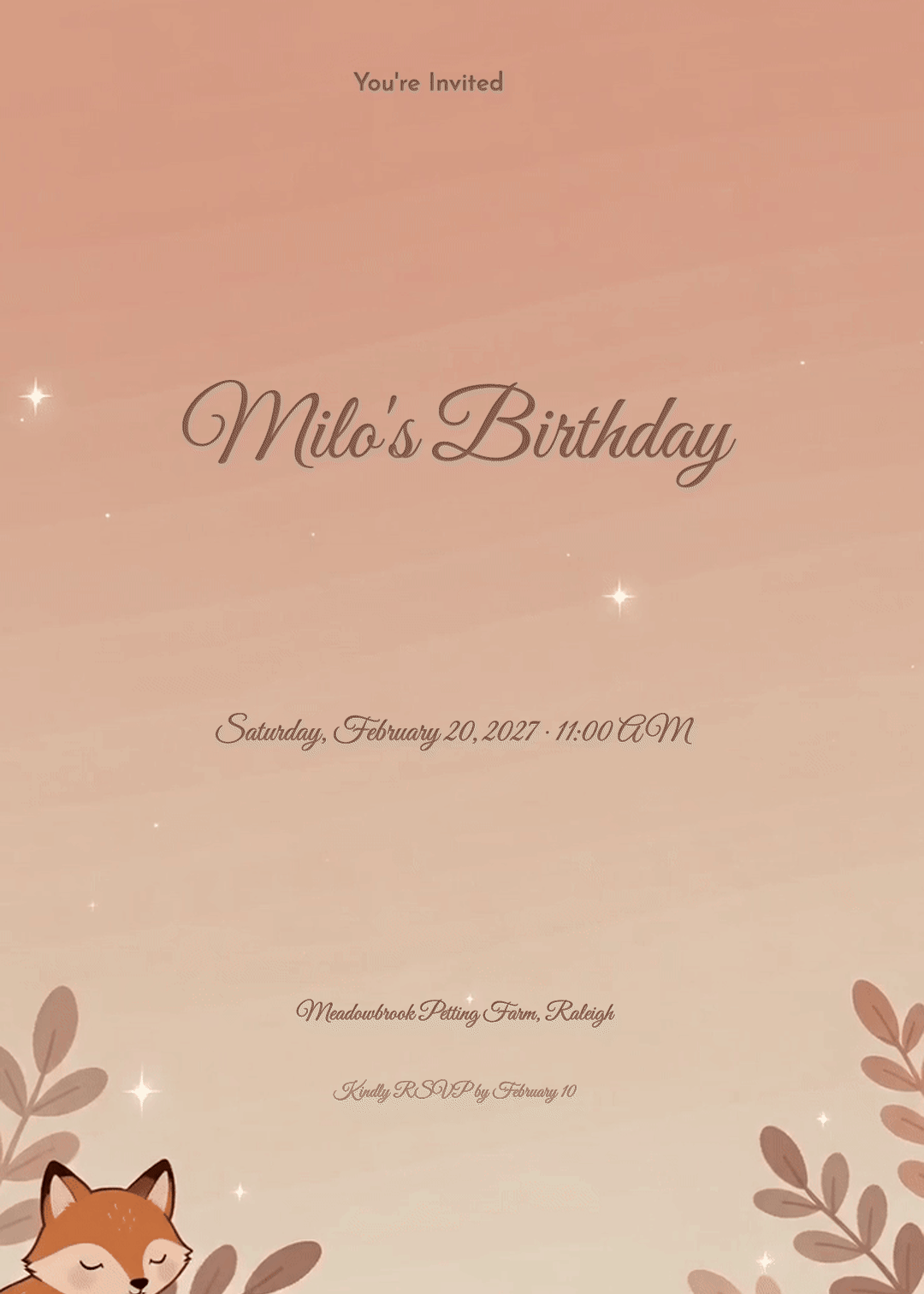 Sleepy Fox & Leaves Animal Birthday Invitation