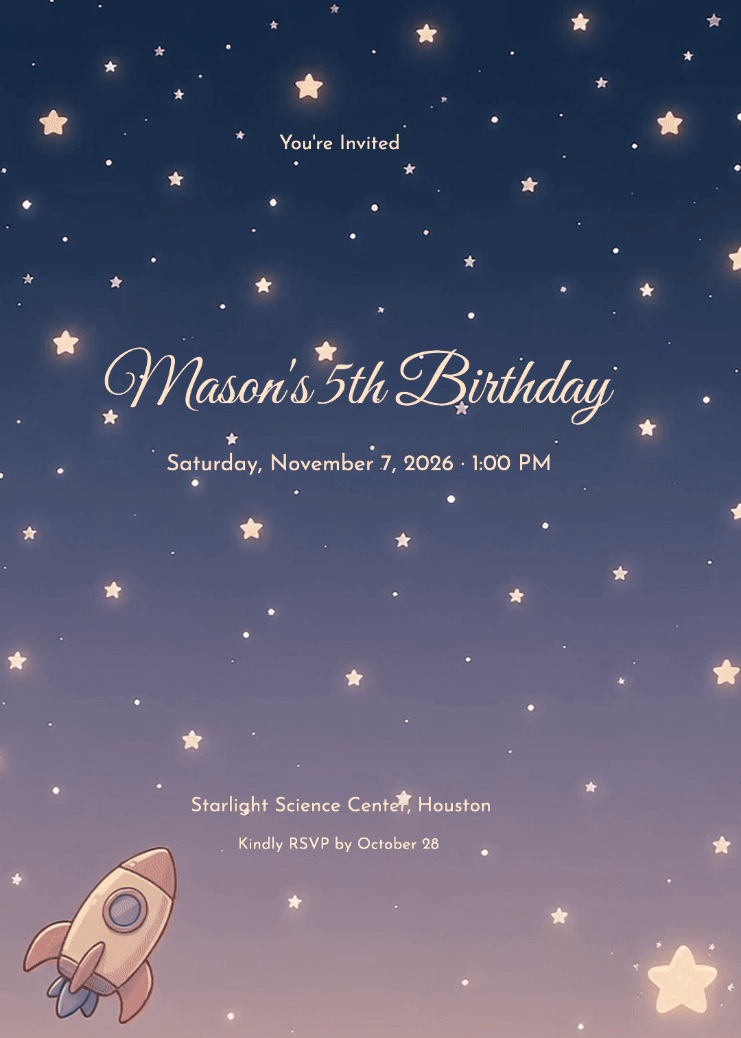 Animated boy birthday invitation with a rocket and twinkling stars on a space-blue gradient sky background.