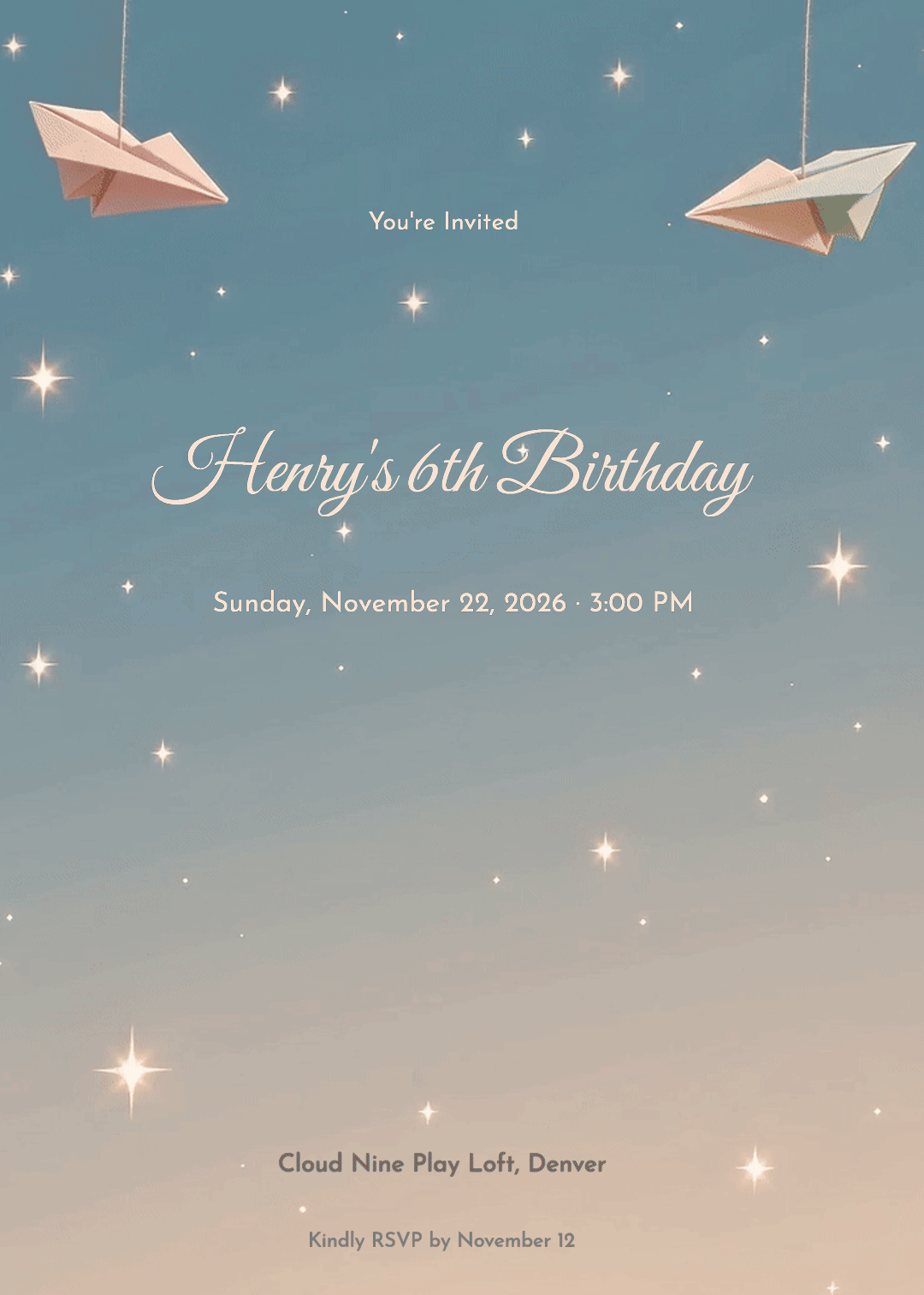 Animated boy birthday invitation with paper airplanes around a soft blue gradient sky background.