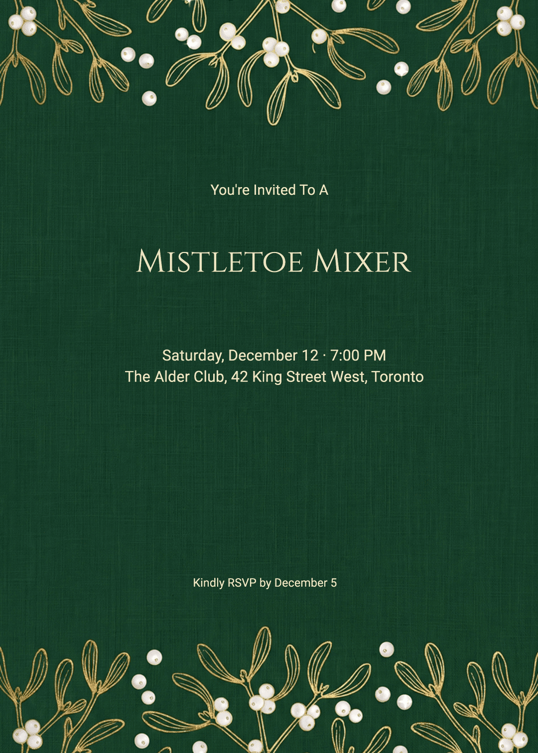 Animated Gold Foil Mistletoe Green Linen Christmas Invitation