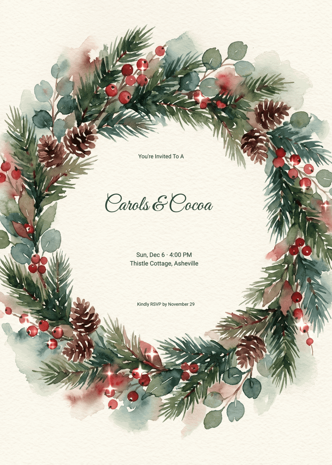Animated Sparkling Berry Wreath Watercolor Christmas Invitation
