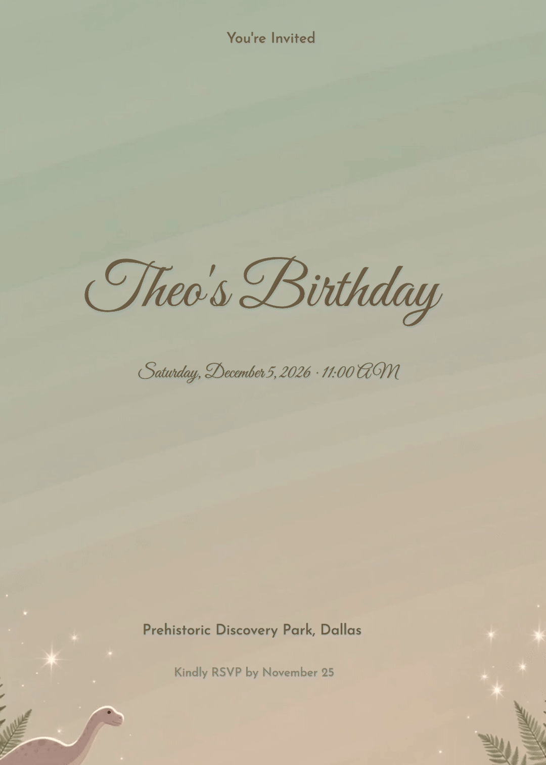 Gentle Dinosaur & Ferns Birthday Invitation