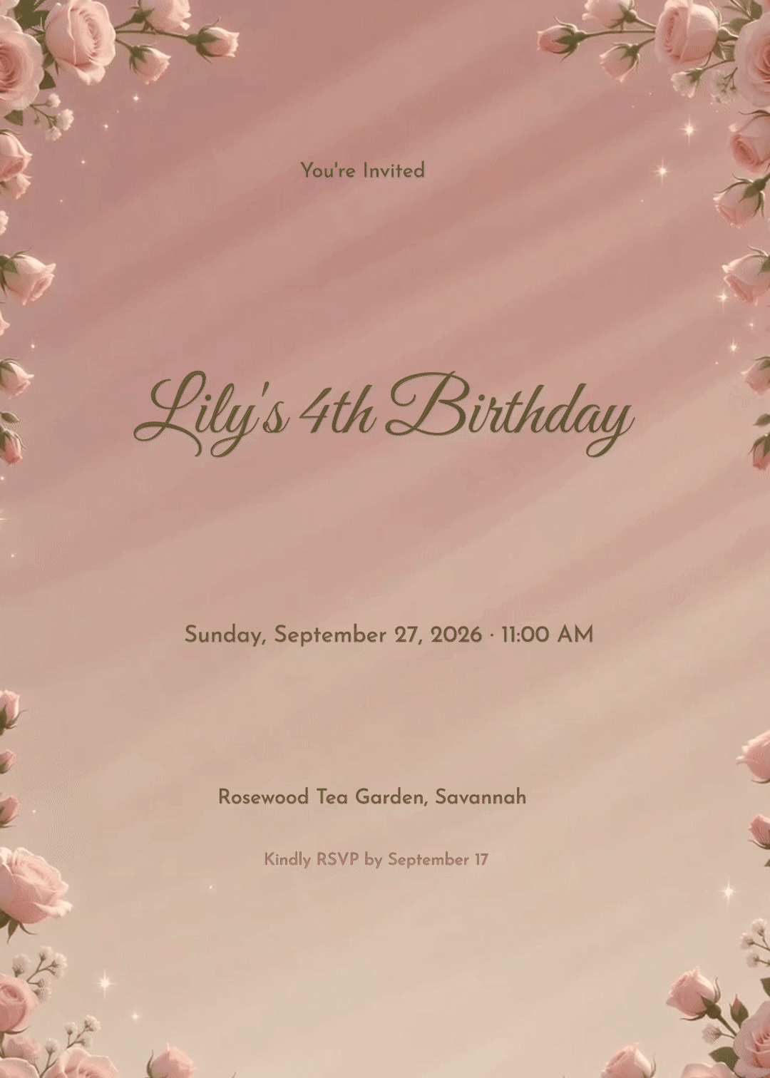 Pink Rose Vines Girl Birthday Invitation 