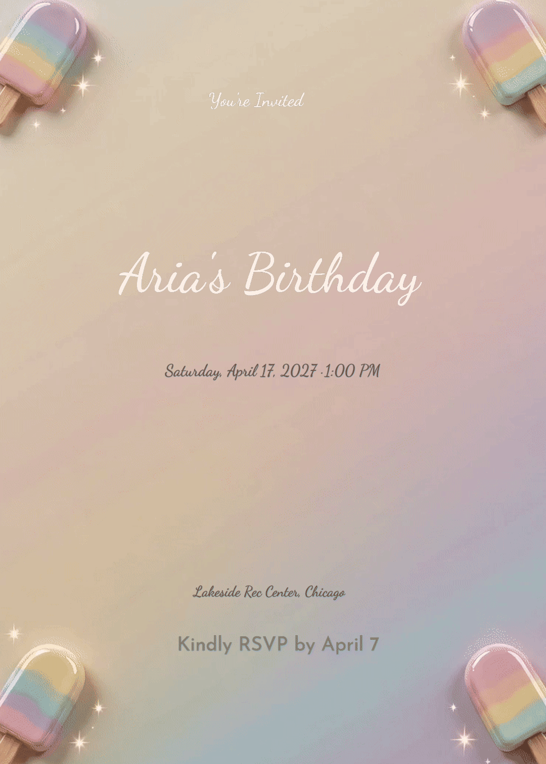 Animated kids birthday invitation with rainbow popsicles swaying around a soft gradient sky background.