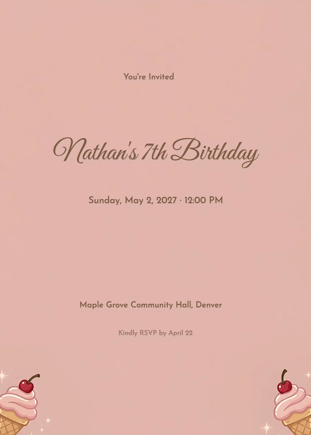 Cherry Ice Cream Cones Kids Birthday Invitation