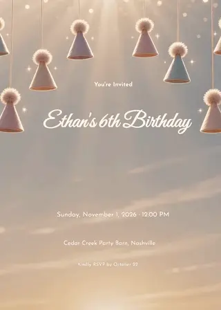 Animated kids birthday invitation with pastel party hats bobbing around a soft gradient sky background.