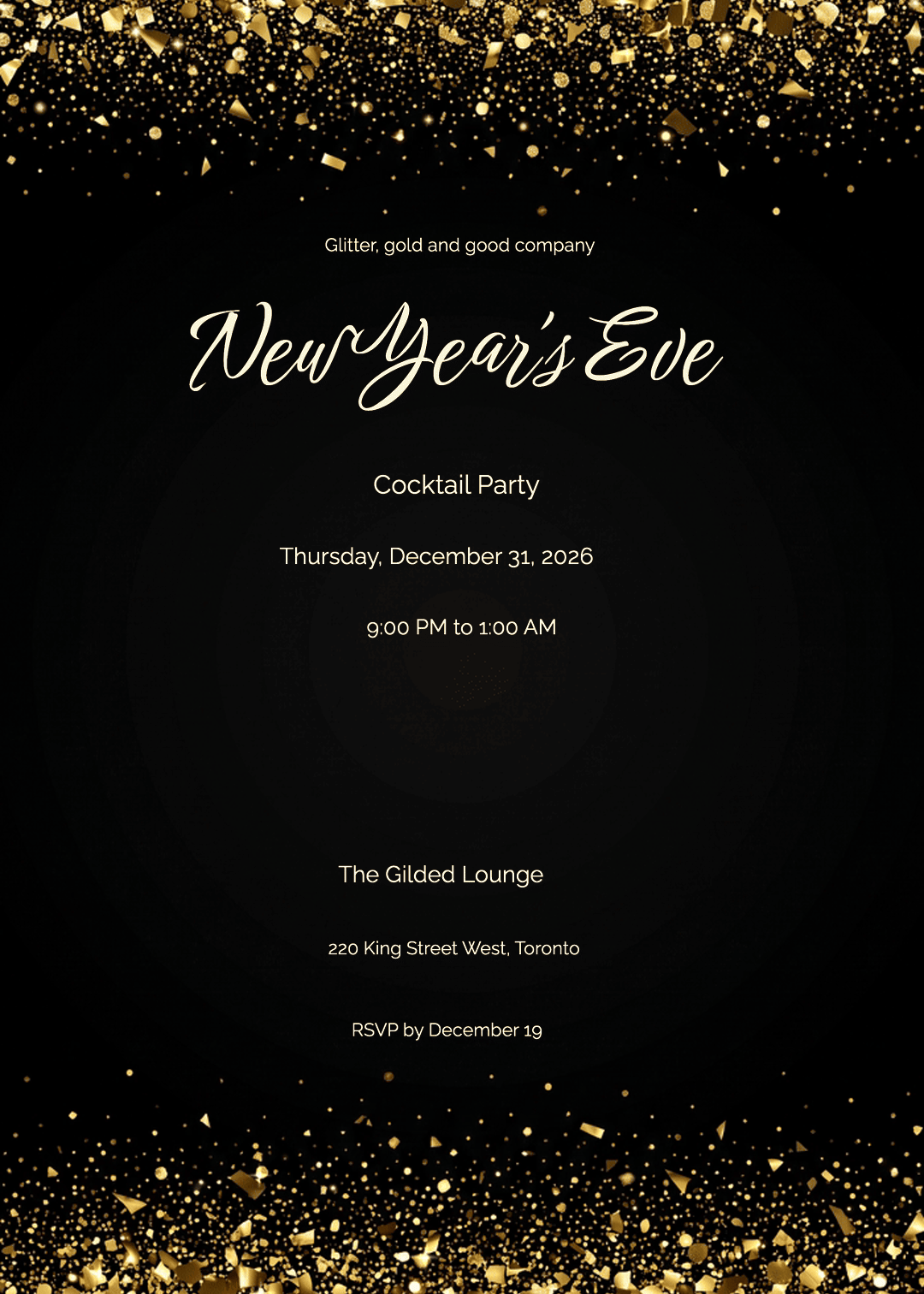 Black And Gold Glitter Night Animated New Year's Eve Invitation