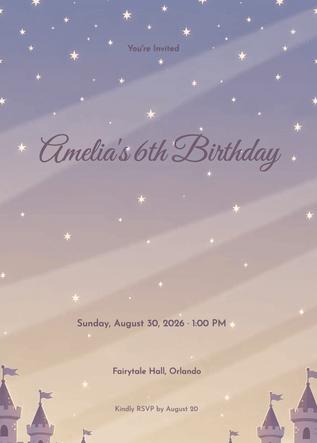 Starry Castle Turrets Princess Birthday Invitation 