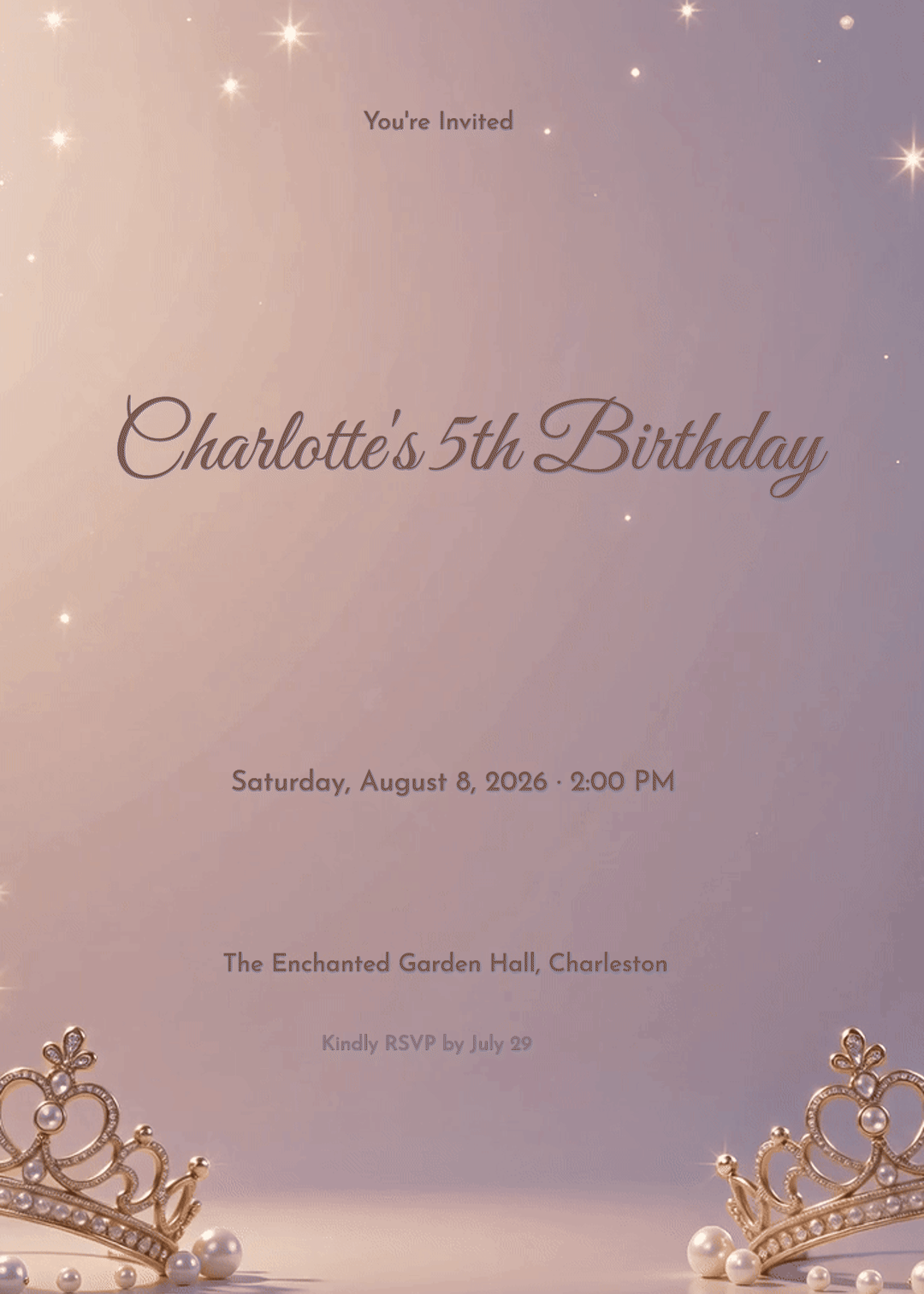 Gold Tiara & Pearls Princess Birthday Invitation 