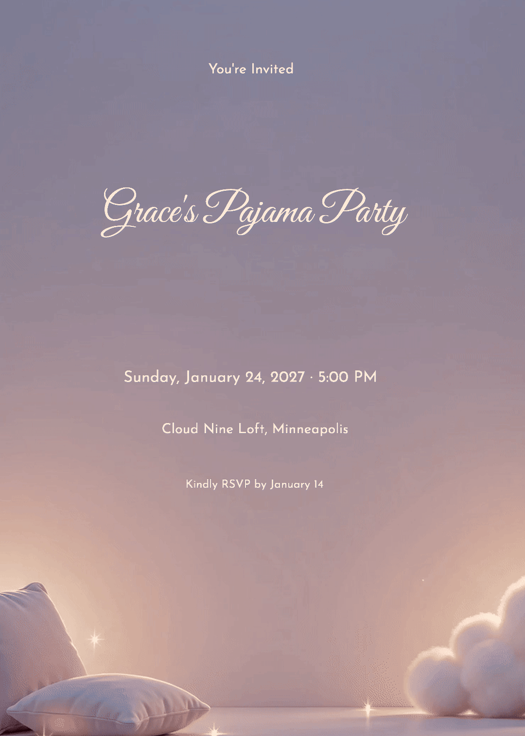 Soft Pillows & Clouds Sleepover Birthday Invitation 