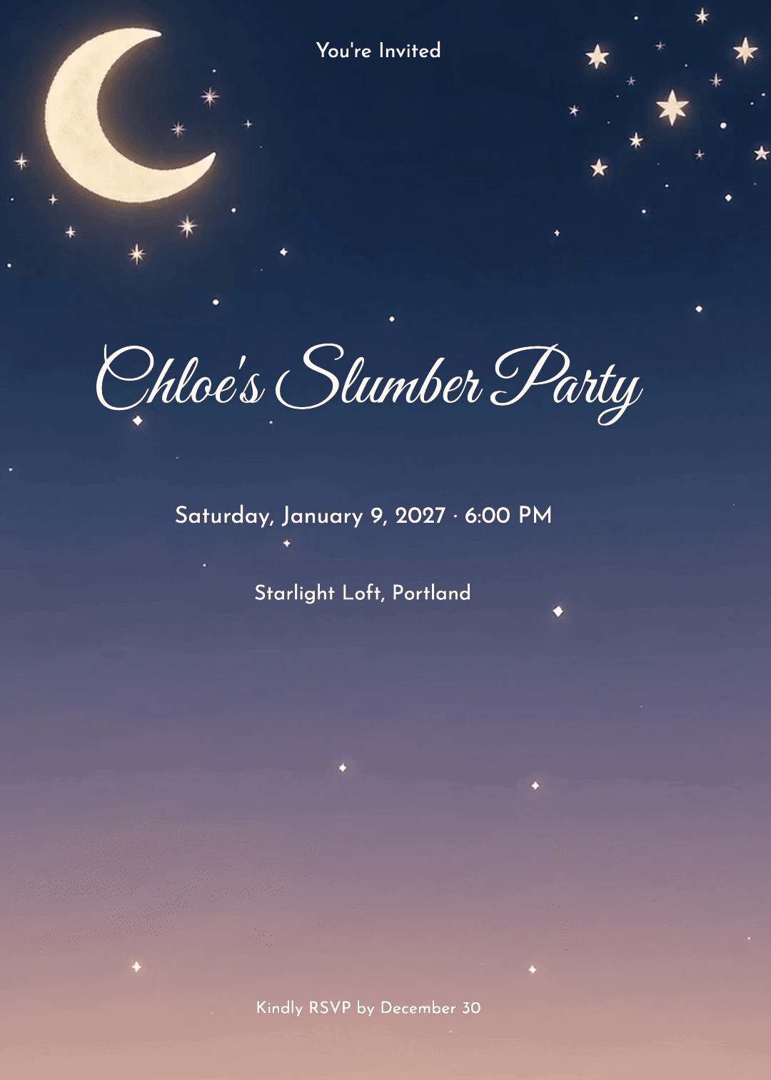 Crescent Moon & Stars Sleepover Birthday Invitation
